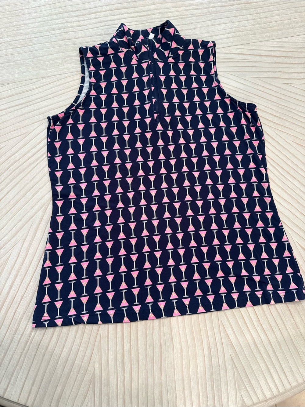 Mock Neck Sleeveless Tank Top in Navy with Pink Cocktail Print